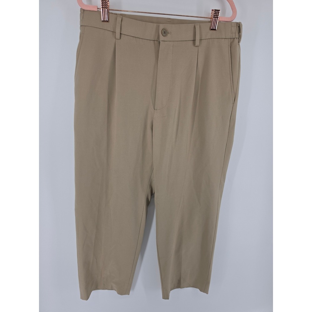 Uniqlo Smart Ankle Pants Mens Large Tan Khaki Pleated Trousers 447043-001 L
